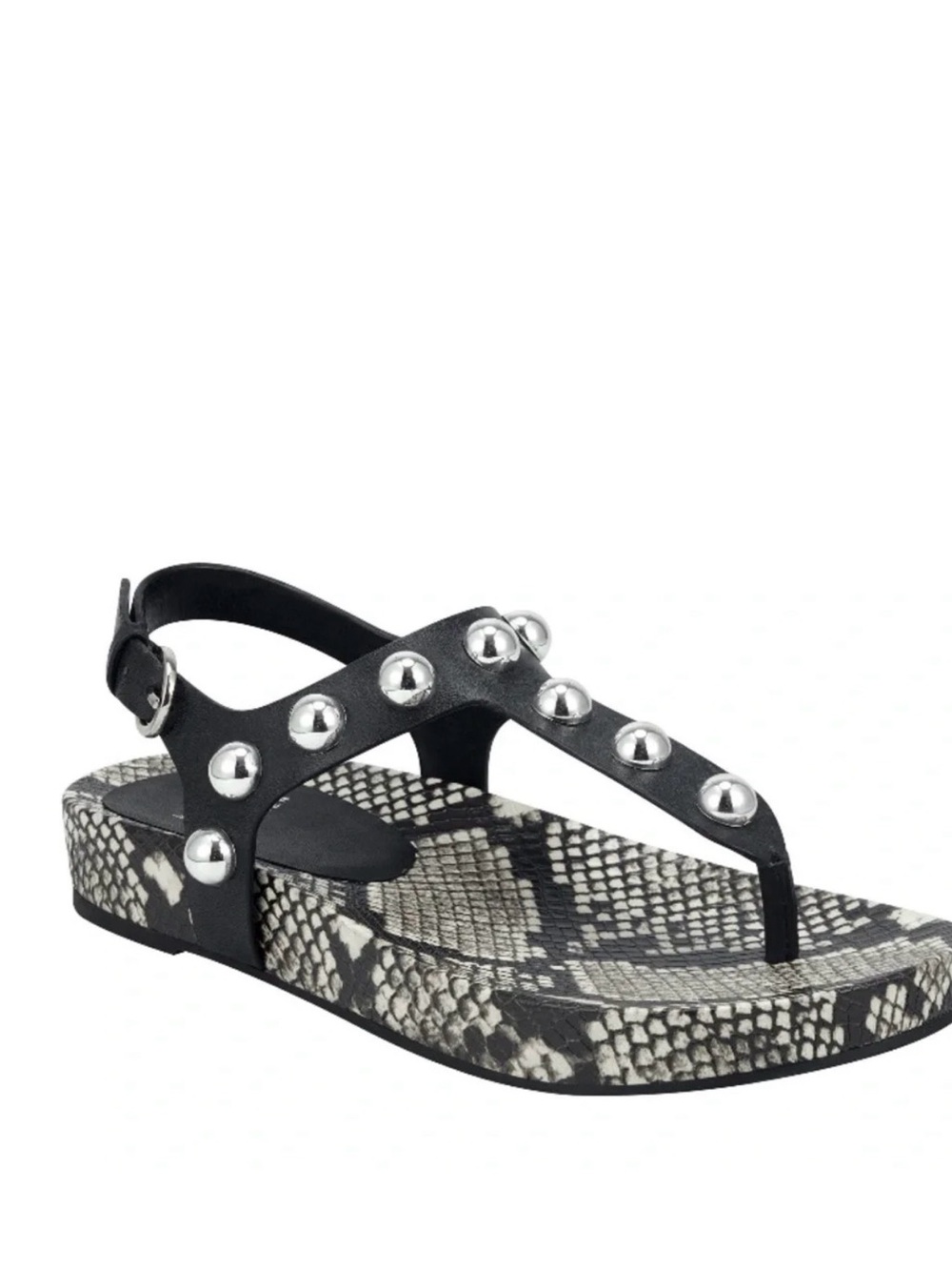 Marc Fisher Black Studded Snake-Print T-Strap Sandal